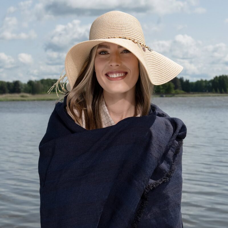 Linen beach towel in black-blue stripes, specially washed fabric