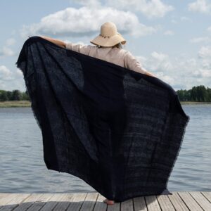 Linen beach towel in black-blue stripes, large size