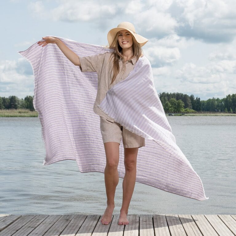 Linen beach towel in yellow and lilac stripes