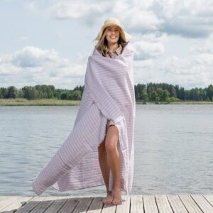 Linen beach towel in yellow and lilac stripes, specially washed