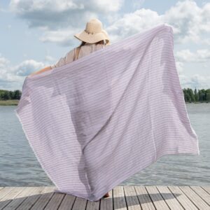 Linen beach towel in yellow and lilac stripes, large size