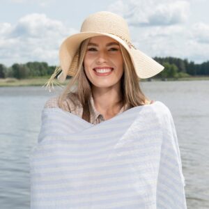 Linen beach towel in yellow and blue stripes, 100% linen