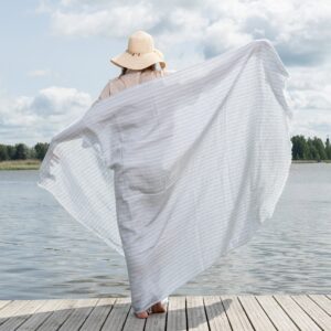 Linen beach towel in yellow and blue stripes, large size