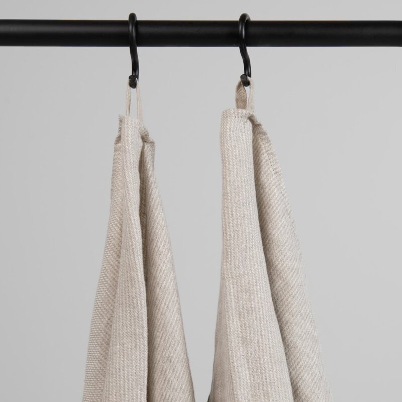 Beige linen striped bath towel, with hanging loops