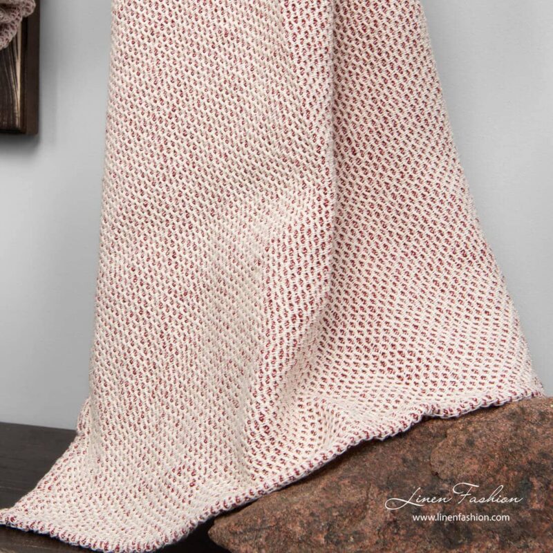 Linen cotton towel in white red honeycomb pattern
