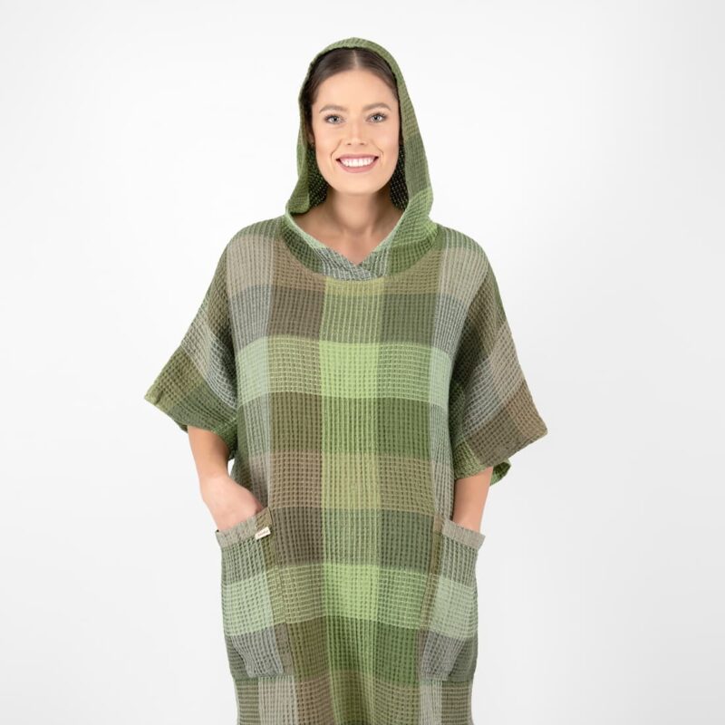 green linen poncho with hoodie.