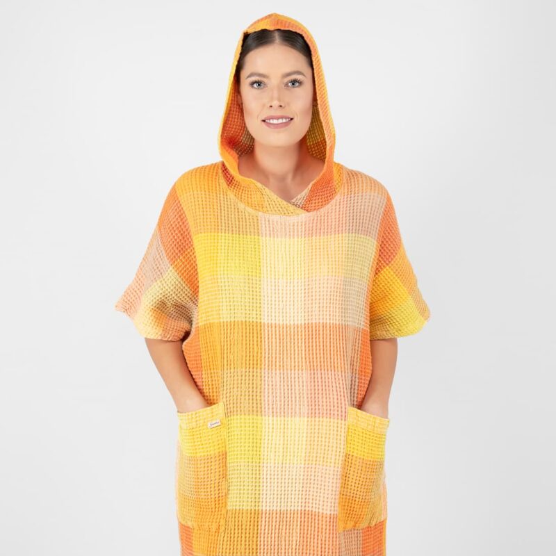 orange linen poncho with hoodie.