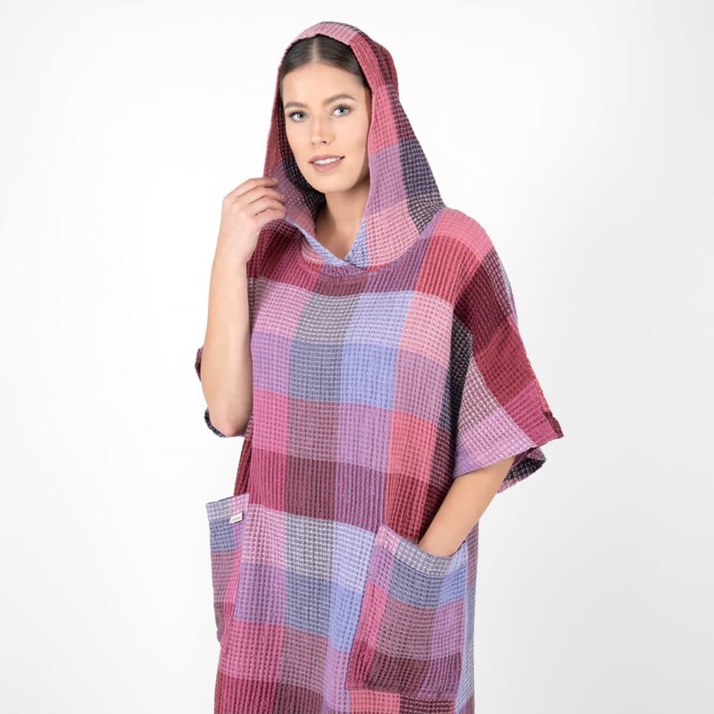 lilac linen poncho with hoodie.