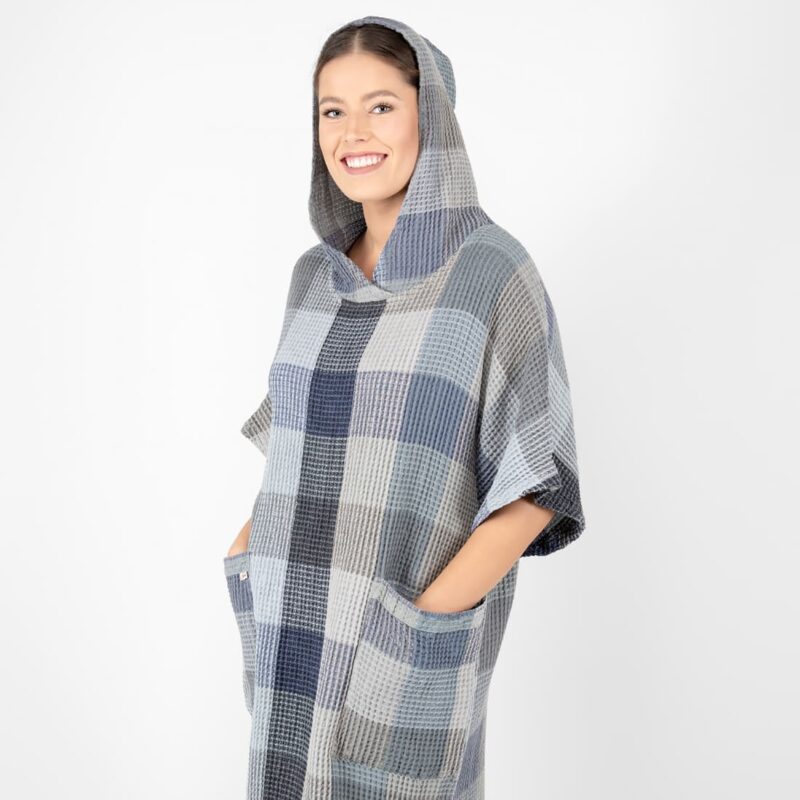 grey blue linen poncho bingo with hoodie.