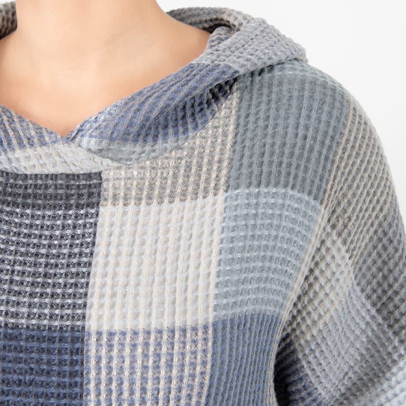 grey blue linen poncho bingo, waffle.