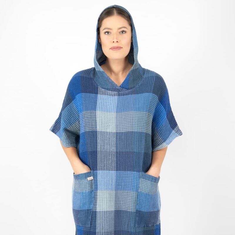 blue linen poncho with hoodie.
