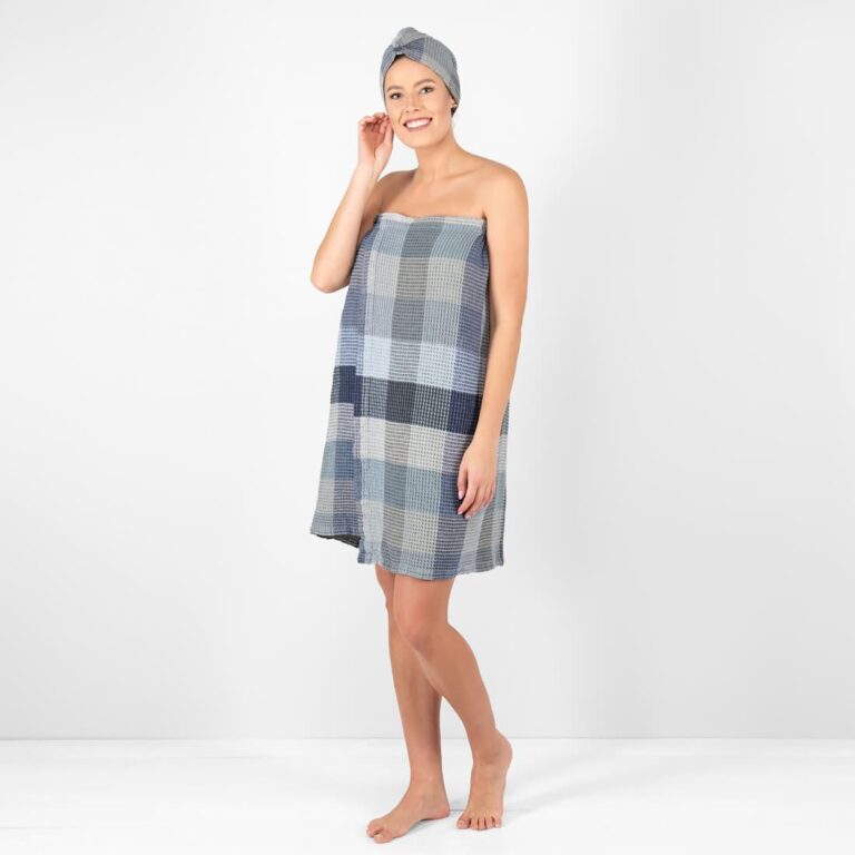 blue grey linen wrap towel.