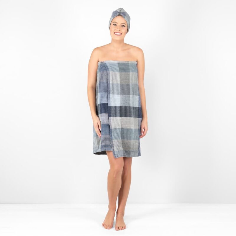blue grey linen wrap towel, waffle structure.