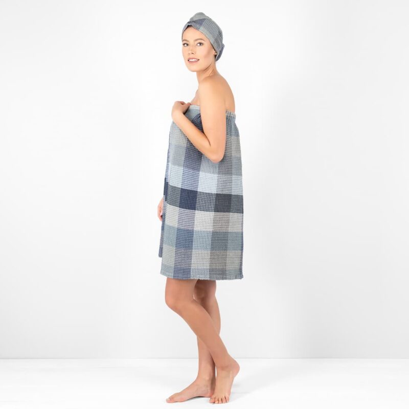 blue grey linen wrap towel, washed.