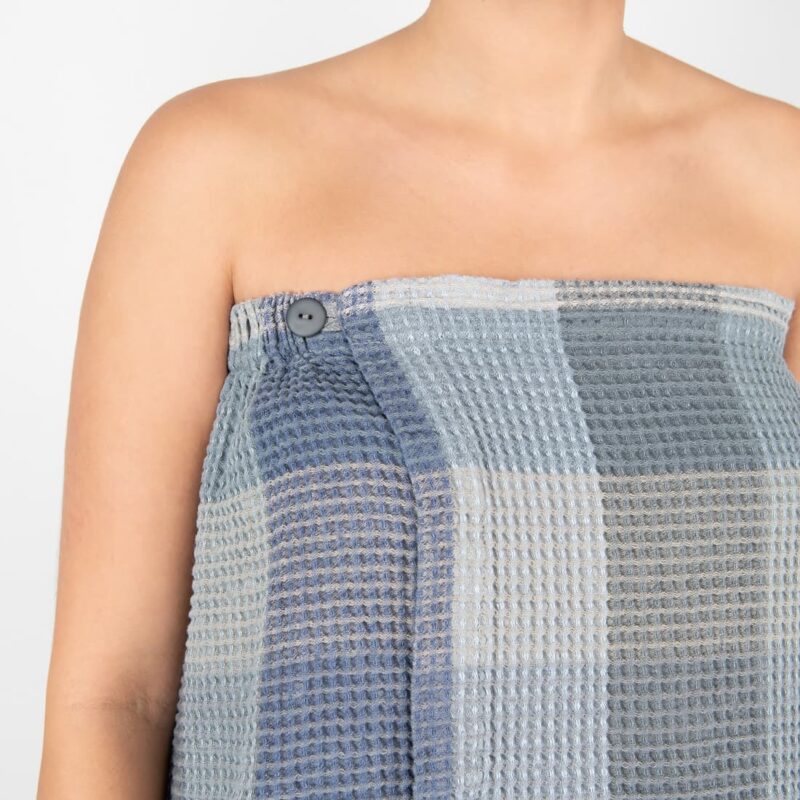 blue grey linen wrap towel, with button closure.