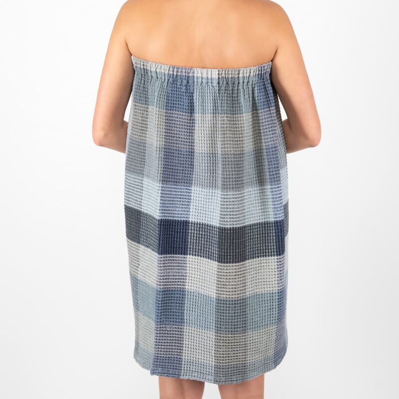 blue grey linen wrap towel from backside.