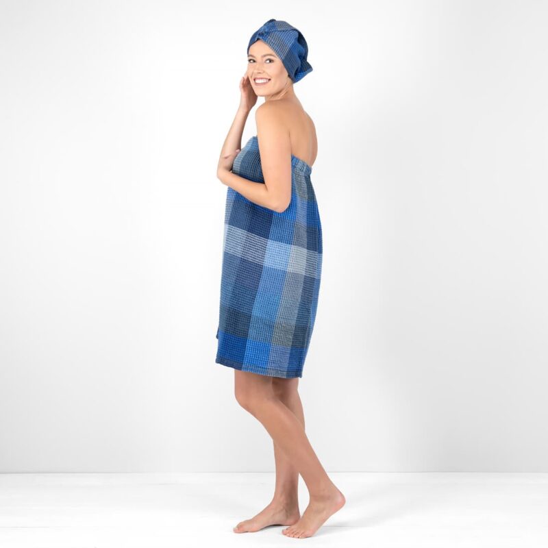 blue linen wrap towel bingo from side, washed.