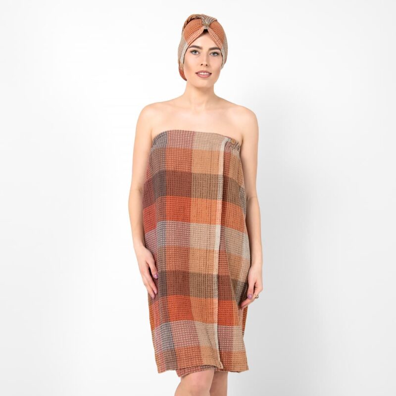 Brown linen wrap towel, washed waffle fabric