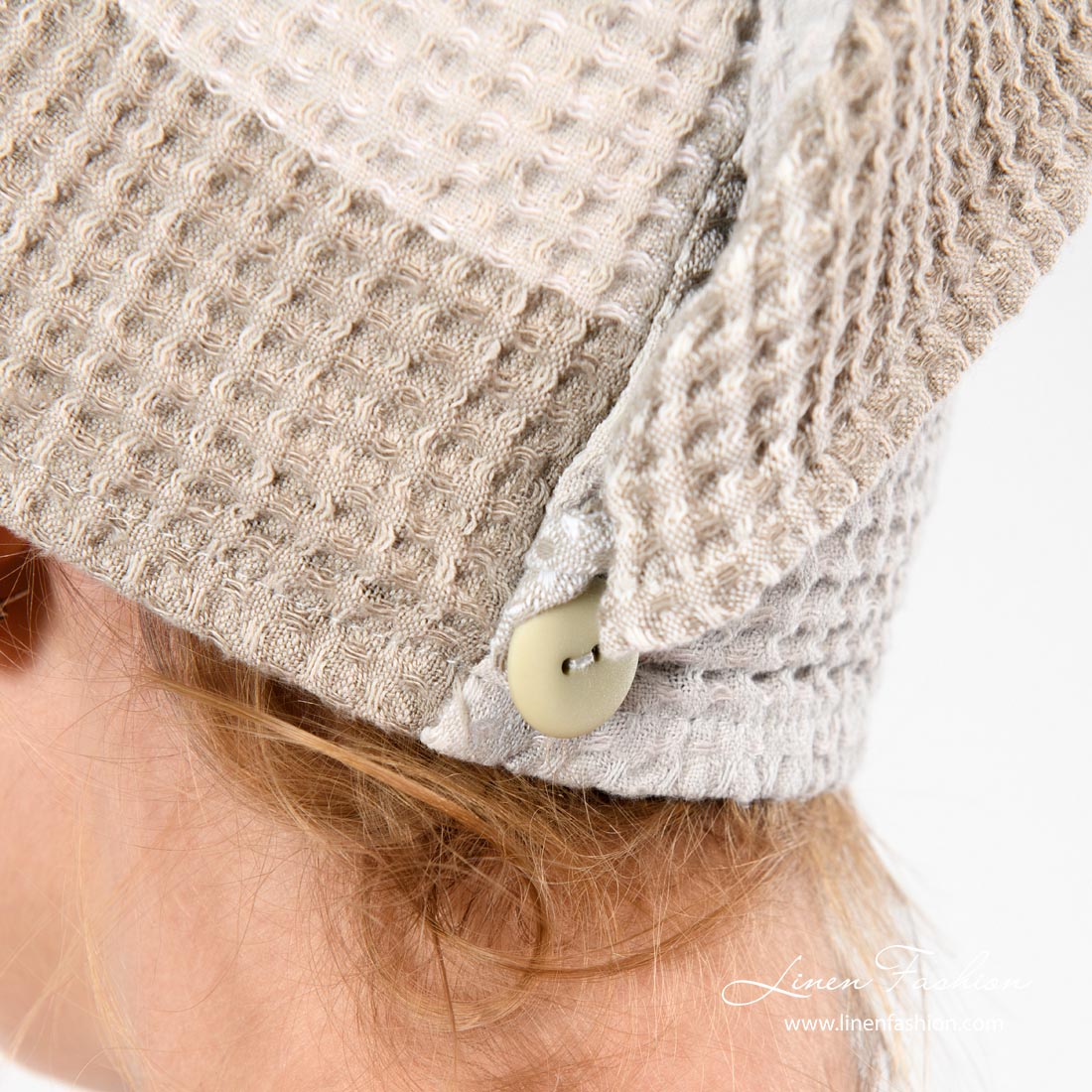 Linen hair towel turban with a button