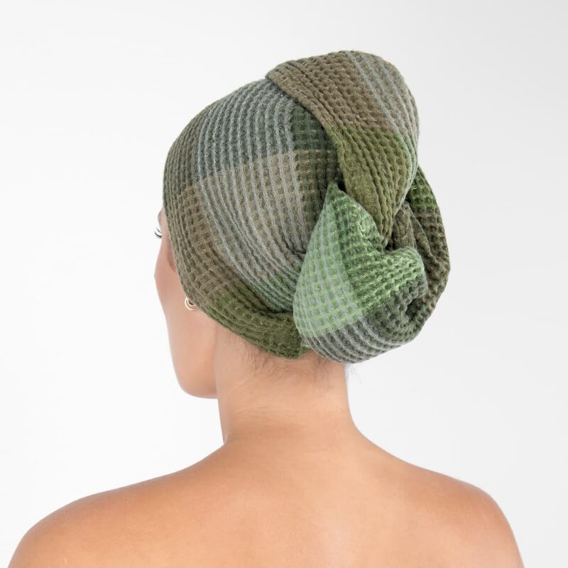 green hair wrap linen towel, waffle structure.