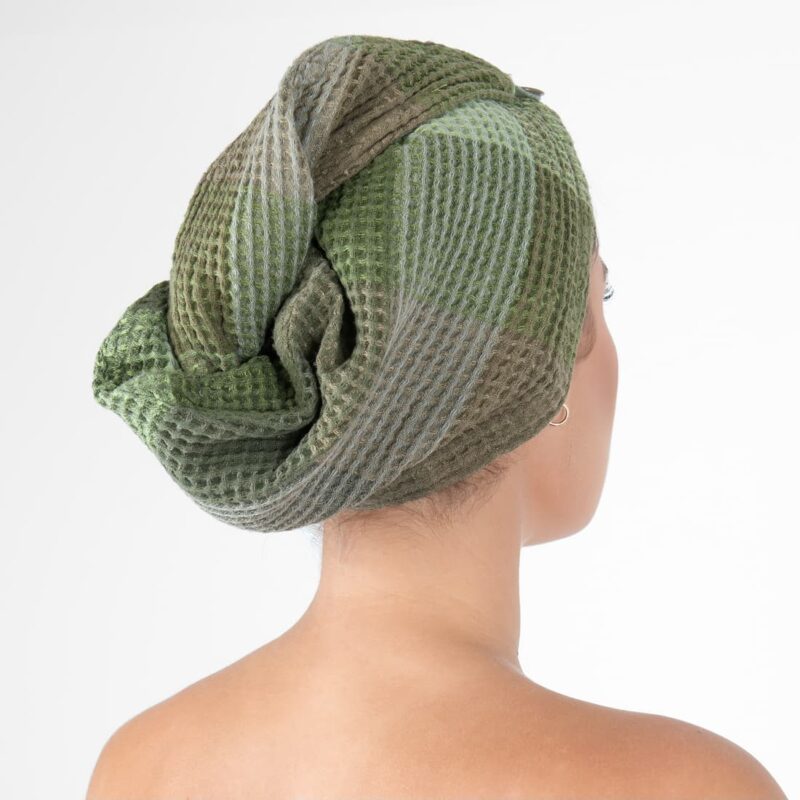 green hair wrap linen towel with button closure.
