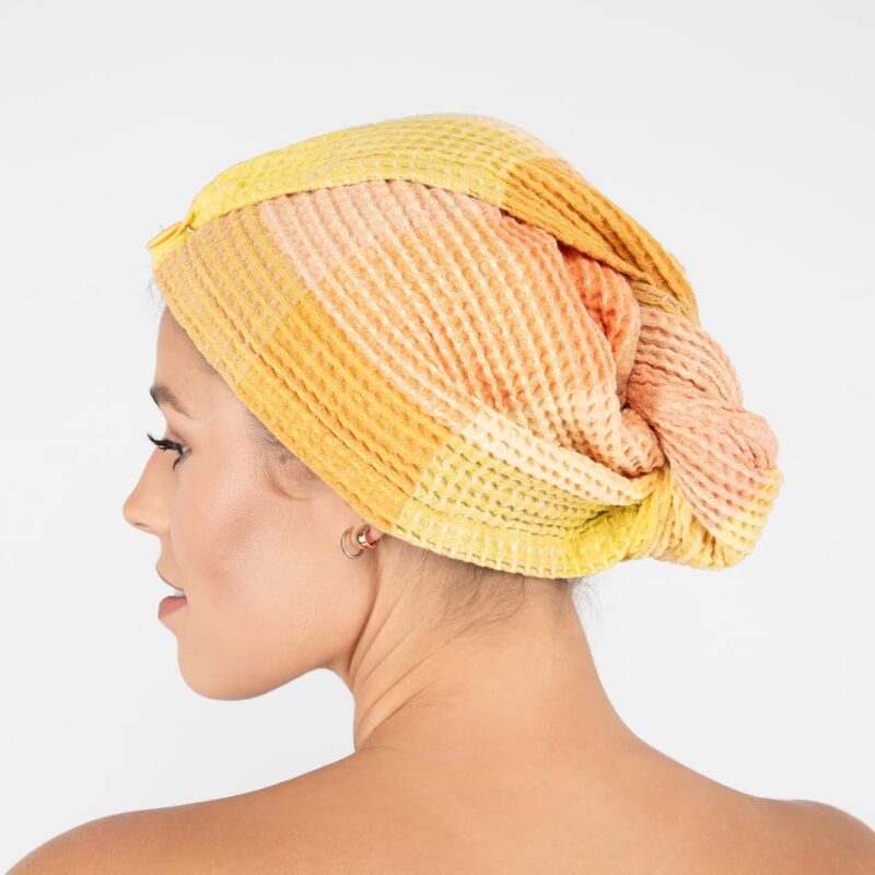 orange hair wrap linen towel, bingo waffle.