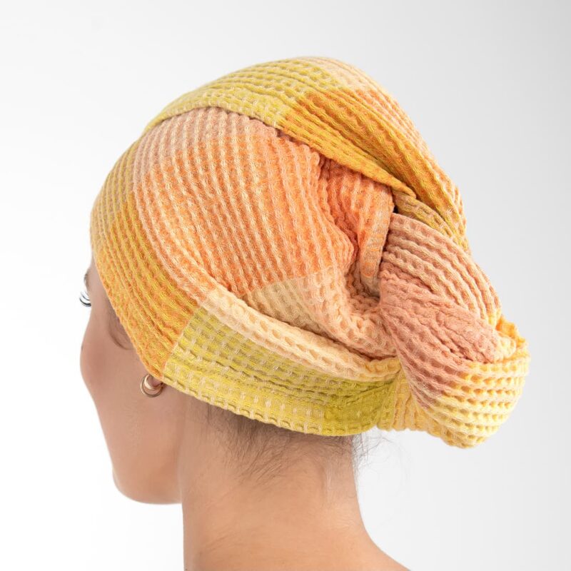 orange hair wrap linen towel, bingo from back.