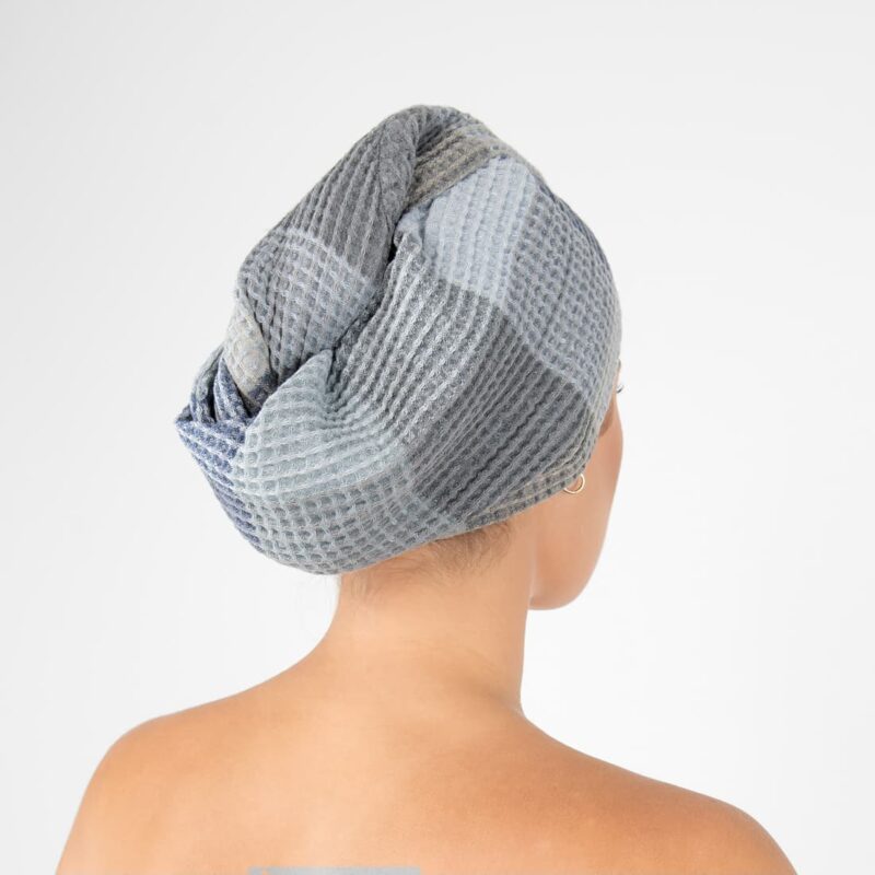 grey hair wrap linen towel, bingo from back.