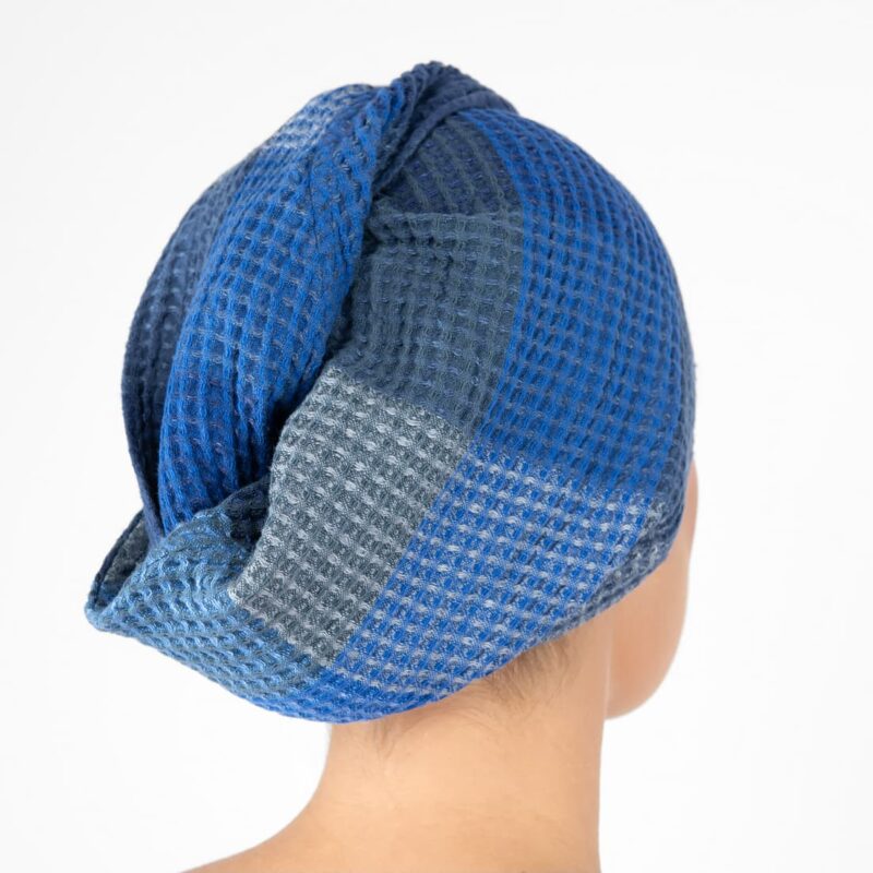 blue linen hair wrap towel bingo, washed.