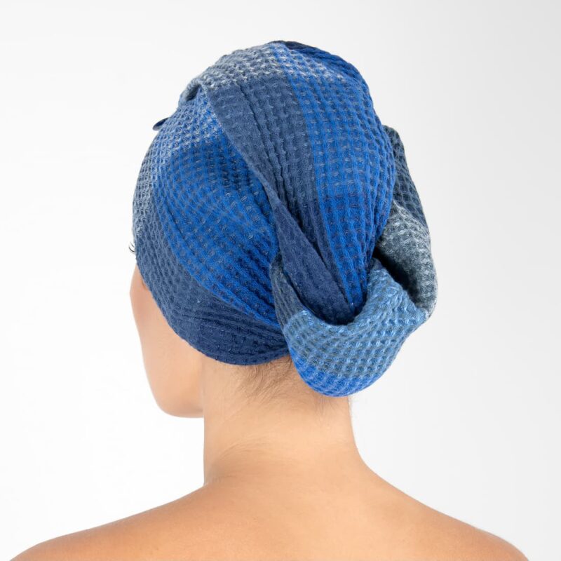 blue linen hair wrap towel bingo from back.