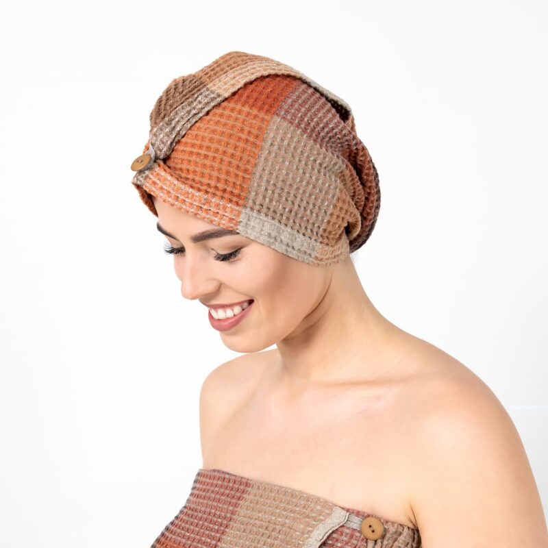 Brown hair wrap linen towel, with button
