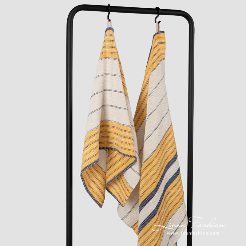 Linen cotton beige striped bath towels, washed.