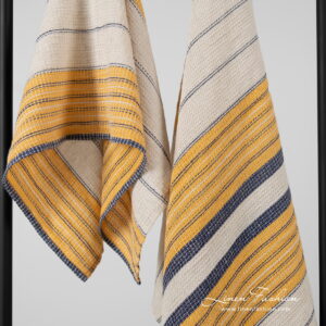 Linen cotton beige striped bath towels, blue, yellow stripes.