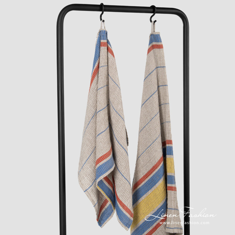 Linen cotton beige bath towel, waffle, washed.