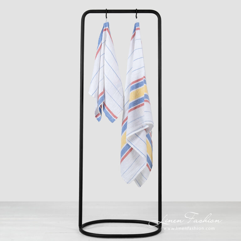 Linen cotton white striped bath towel.