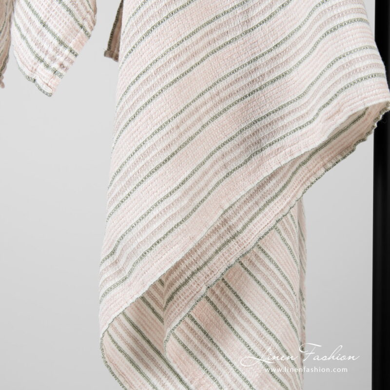 Linen pink waffle bath towel with stripes grey, green, pink.