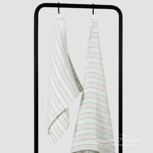 Linen green bath towel with grey green white stripes.