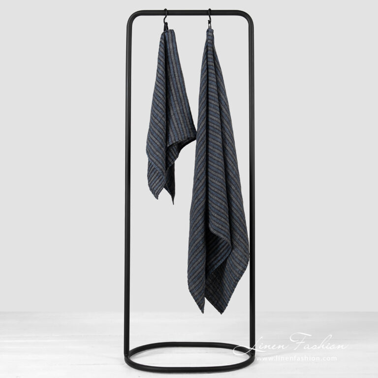 Linen black blue striped bath towel.