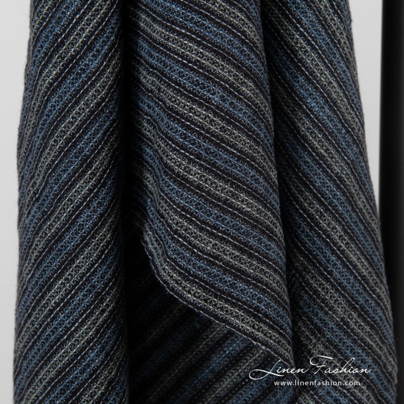 Linen black blue striped bath towel, waffle design.