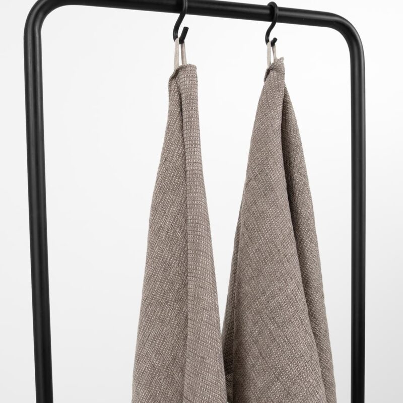 linen bath grey brown towel with hanger.