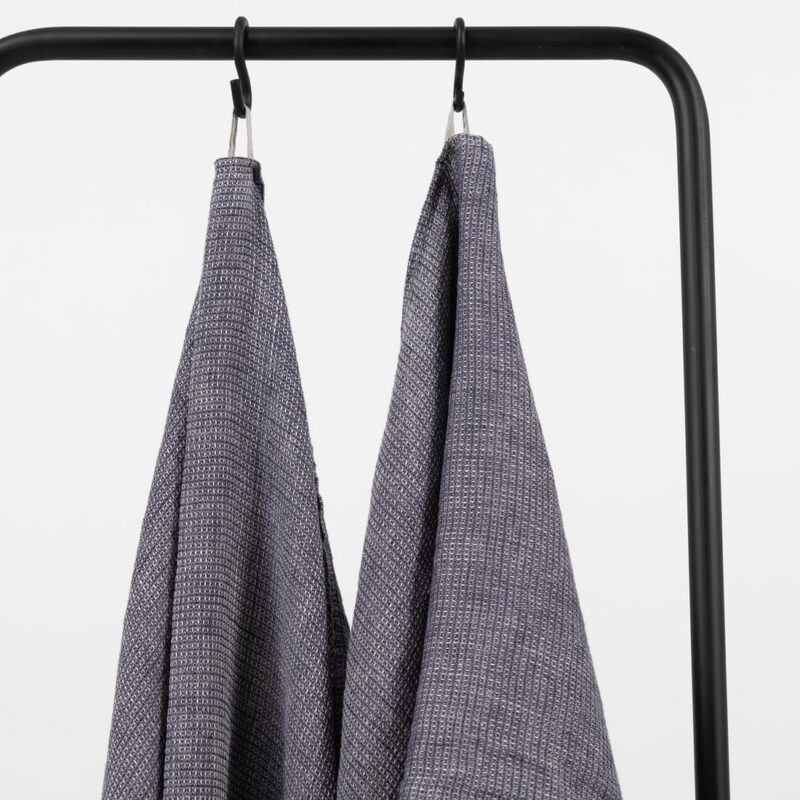 linen blue bath towels with hanger.