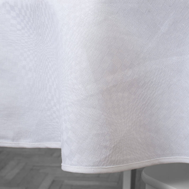 Optical white check oval linen cotton tablecloth, piping hem