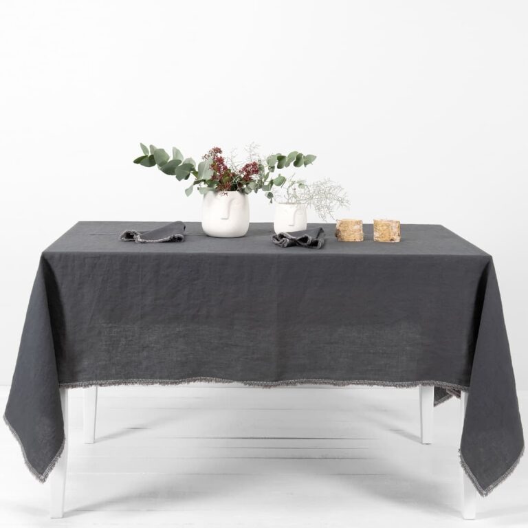 linen grey tablecloth with decorative seam.