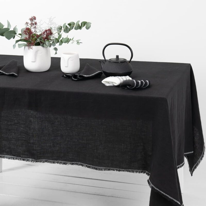 linen black tablecloth with decorative seam, washed.