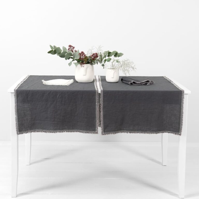grey linen runner with decorative stitch