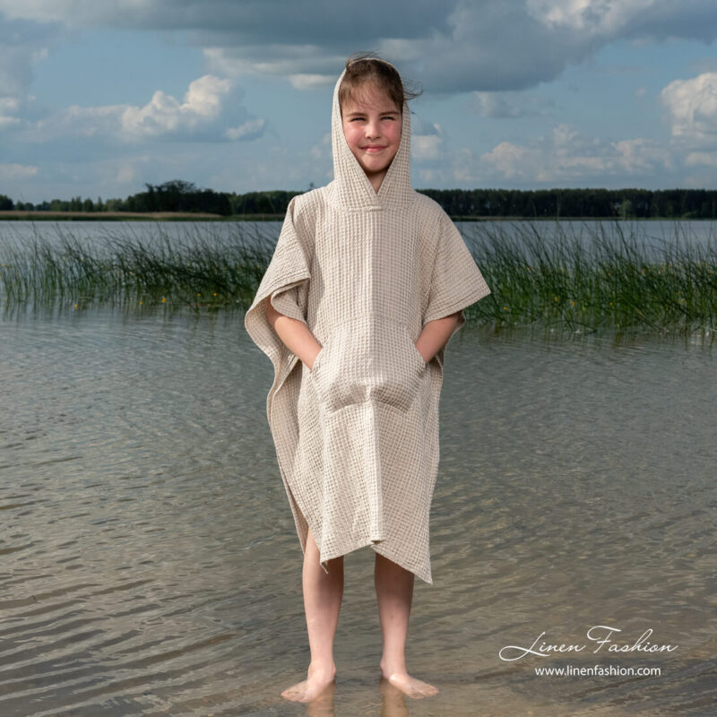 Linen blend poncho towel with hood