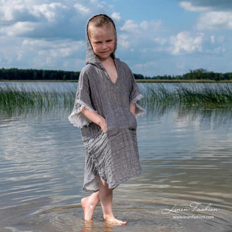 Grey kids poncho towel with hood