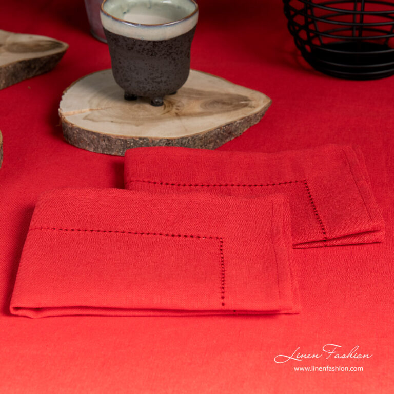 Red linen napkin with hemstitch