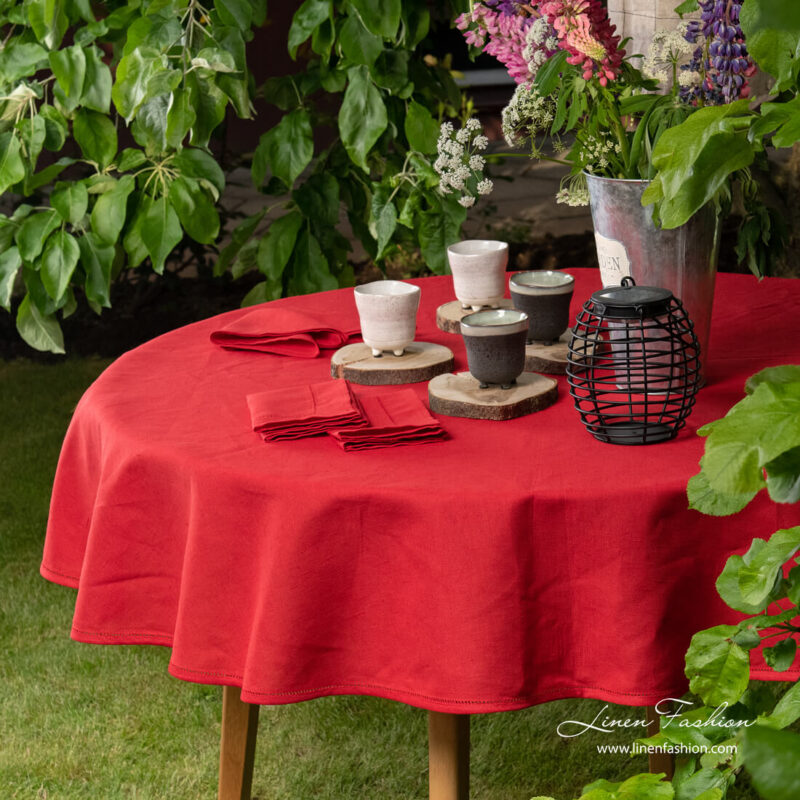 Red linen cotton round (oval) tablecloth with hemstitch
