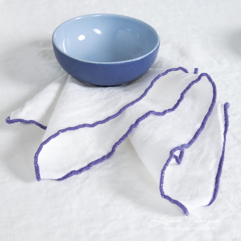 ARVO white linen napkin with violet Babylock stitch border